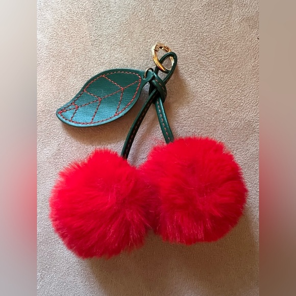 Cherry Pom Pom Keychain or Bag Charm with Leaf Accent NWOT - Picture 3 of 3